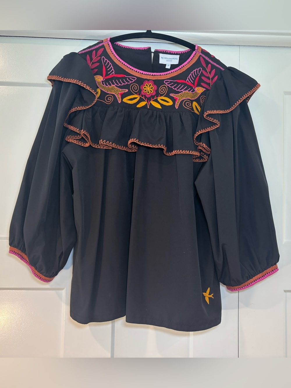 Mi Golondrina Black Blouse with Pink and Yellow Embroidery